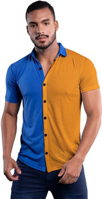 HouseOfCommon Men Color Block Casual Blue, Gold Shirt