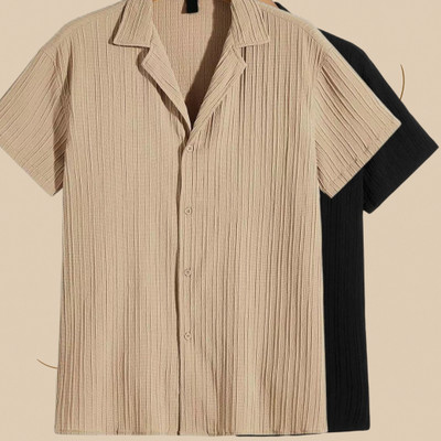 Looksky Men Self Design Casual Cream, Black Shirt