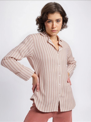MAYKR Women Striped Casual Beige Shirt