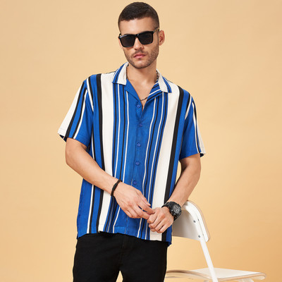PEOPLE Men Striped Casual Dark Blue, White, Black Shirt