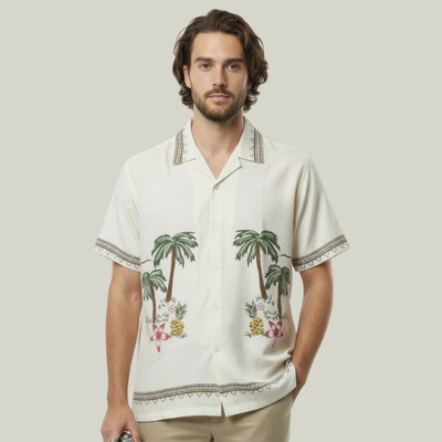 FAMERONE Men Embroidered Casual White, Khaki Shirt