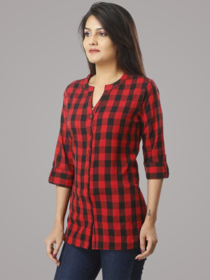 FABISHO Women Checkered Casual Red Shirt