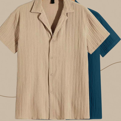 Jenil Fashion Men Self Design Casual Cream, Blue Shirt(Pack of 2)