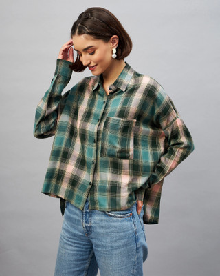 Chimpaaanzee Women Checkered Casual Green Shirt