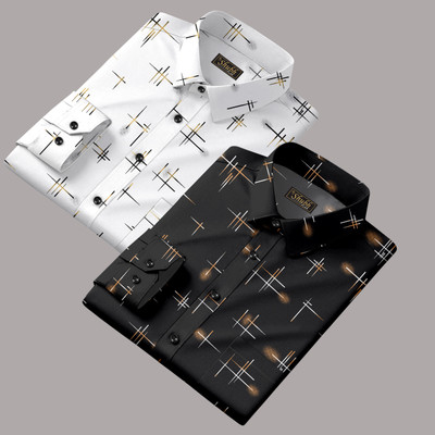SHUBHFLAX Men Printed Casual White, Black Shirt(Pack of 2)