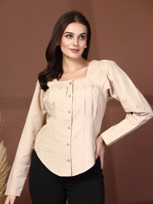 PLUSS Women Solid Casual Beige Shirt