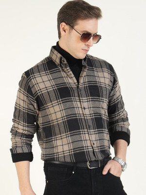 Hancock Men Checkered Casual Beige, Black Shirt