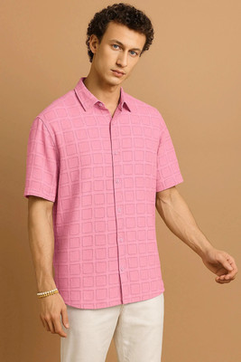 Lunice Men Self Design Casual Pink Shirt