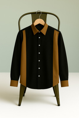 Try This Men Color Block Casual Black, Beige Shirt
