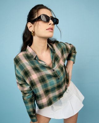 Chimpaaanzee Women Checkered Casual Green Shirt