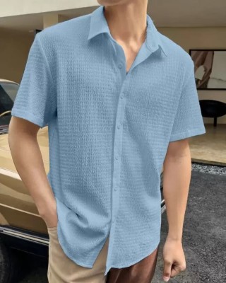 ISUEL FAB Men Self Design Casual Light Blue Shirt