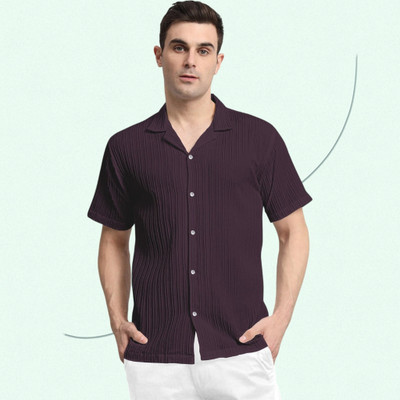A Vebnor Men Self Design, Striped Casual Purple Shirt