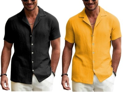 INDICLUB Men Solid Casual Black, Yellow Shirt(Pack of 2)