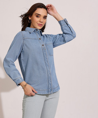 DOLCE CRUDO Women Solid Casual Blue Shirt