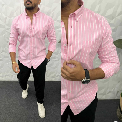 DISHANK CREATION Men Striped Casual Pink Shirt