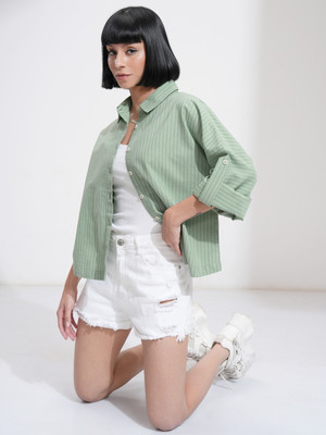 Tokyo Talkies Women Striped Casual Green Shirt
