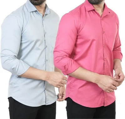 Hansroop Men Solid Casual Grey, Pink Shirt(Pack of 2)
