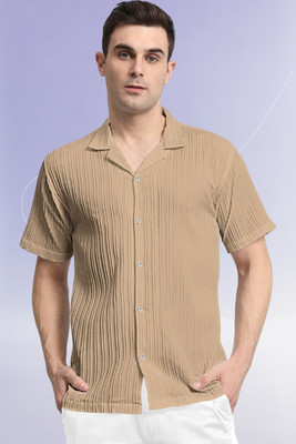 A DEEMOON TREND Men Self Design Casual Beige Shirt