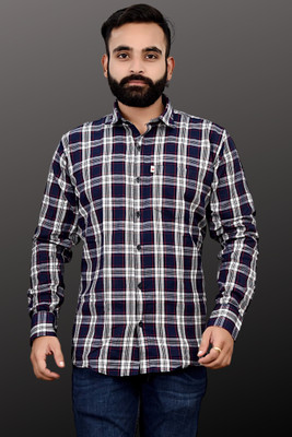V K Creation Men Checkered Casual Dark Blue, White, Red Shirt