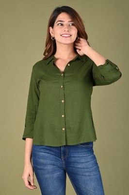 Rainbowtexfab Women Solid Casual Green Shirt