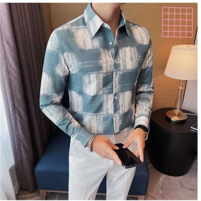 Pinchem Fashion Men Printed Casual Dark Green Shirt