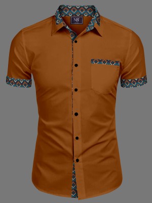 N AND J Men Solid, Printed Casual Brown Shirt