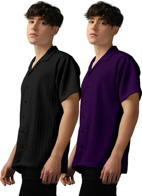 OXXOM Men Self Design, Striped Casual Black, Purple Shirt(Pack of 2)
