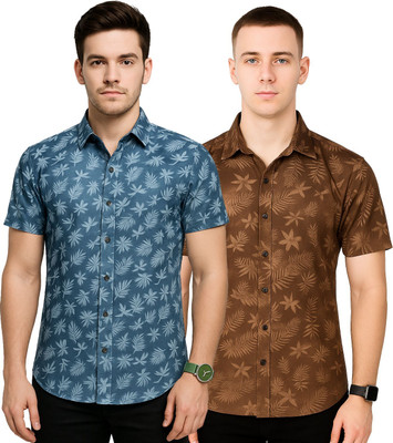 AVOLT Men Printed Casual Blue, Brown Shirt(Pack of 2)