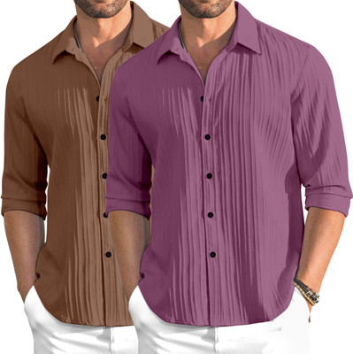 OXXOM Men Self Design Casual Brown, Pink Shirt(Pack of 2)
