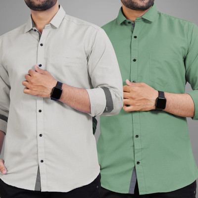 BROWEARS Men Solid Casual Grey, Green Shirt(Pack of 2)