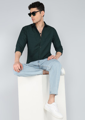 DISHANK CREATION Men Solid, Striped Formal Dark Green Shirt