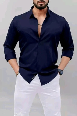 MUMIN Men Solid Formal Dark Blue Shirt