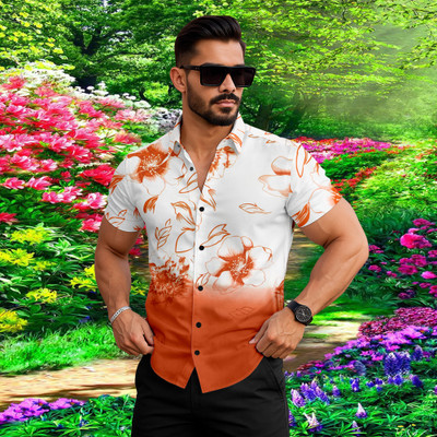 MakeTheStyle Men Floral Print Casual Orange Shirt