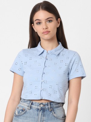 ONLY Women Self Design Casual Blue Shirt