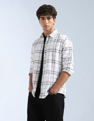 FLYING MACHINE Men Checkered Casual White Shirt