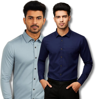 ClothTheory Men Solid Casual Grey, Dark Blue Shirt(Pack of 2)