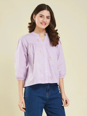J TURRITOPSIS Women Embroidered Casual Purple Shirt