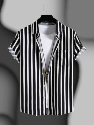 ZONANZA Men Striped Casual White, Black Shirt