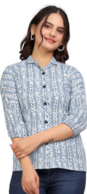 MANTRA DESIGNER Women Printed, Striped Casual Blue Shirt