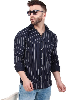 Masher Men Striped Casual Dark Blue Shirt