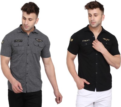 GEUM Men Self Design Casual Black, Grey Shirt(Pack of 2)