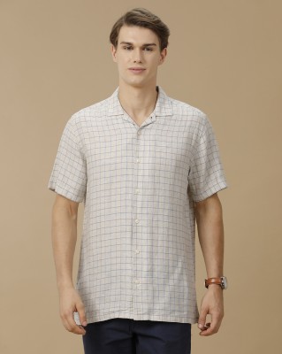 Linen Club Men Checkered Casual Beige Shirt