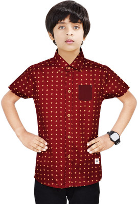 Paper Crane Boys Printed Casual Maroon, White Shirt