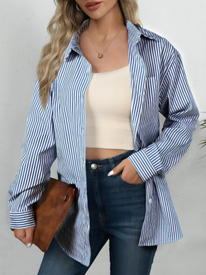 PP PRODUCTIONS Women Striped Casual Blue Shirt