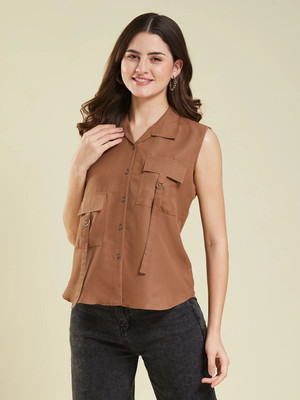 J TURRITOPSIS Women Solid Casual Brown Shirt