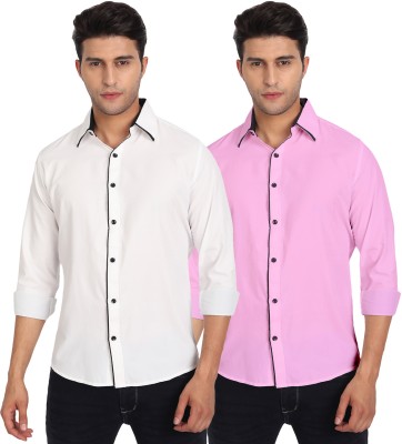 Vida Loca Men Solid Casual Pink, White Shirt(Pack of 2)
