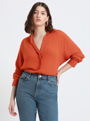 DL Woman Women Solid Casual Orange Shirt