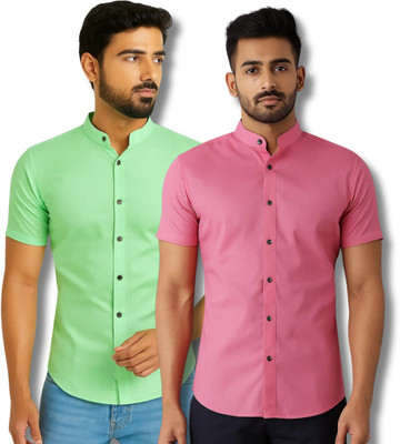 RANGFIT Men Solid Casual Light Green, Pink Shirt(Pack of 2)