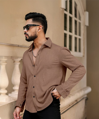 HouseOfCommon Men Self Design Casual Brown Shirt