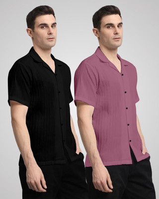 HEMAS LIFESTYLE Men Self Design Casual Black, Pink Shirt(Pack of 2)